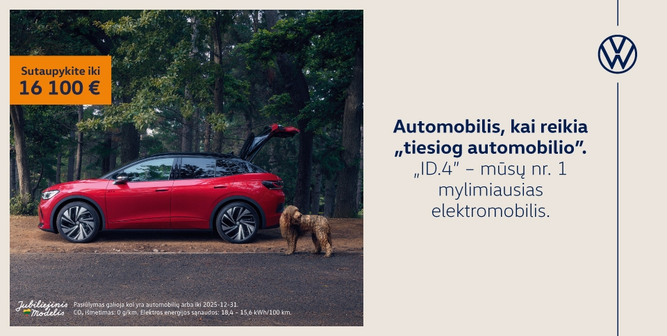 <p><strong>ID.4</strong> - pasaulio&nbsp;metų&nbsp;automobilis.&nbsp;Nuo&nbsp; <strong>38 700 &euro; su PVM</strong></p>
